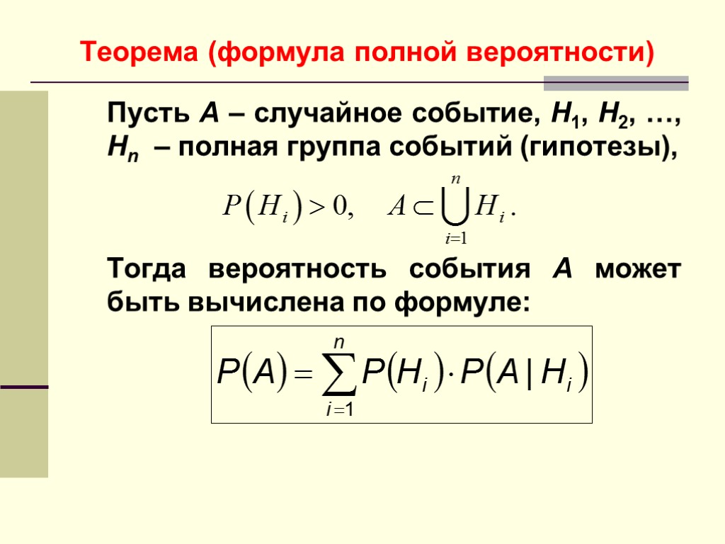 Теорема (формула полной вероятности) Пусть A – случайное событие, H1, H2, …, Hn –
